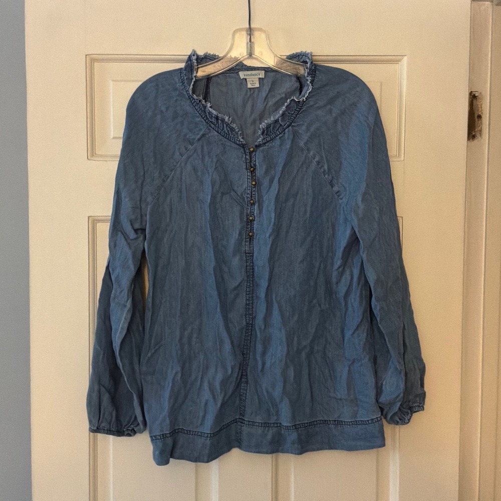 Sundance Chambray Popover Blouse Blue Tencel Frayed Ruffle Boho Denim Top S